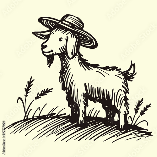 cute goat on a hill wearing hat vintage sketch
