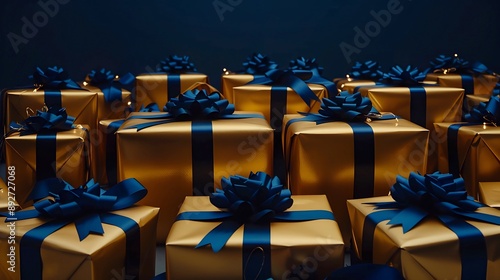 boxes in gold wrapping with blue ribbon. background with gift concept on black background 