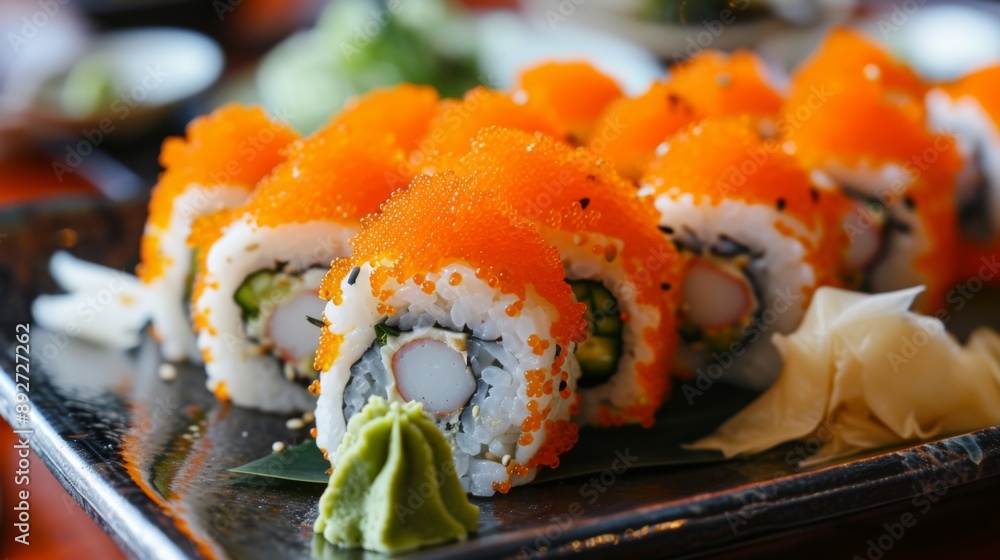 A plate of sushi rolls topped with vibrant orange flying fish roe, served with wasabi and pickled ginger A plate of sushi rolls topped with vibrant orange flying fish roe, served with wasabi and pickled ginger