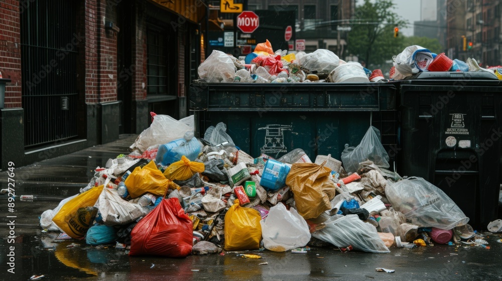 Pile of garbage spilling out of a dumpster in an urban area, highlighting the issue of waste management. Pile of garbage spilling out of a dumpster in an urban area, highlighting the issue of waste management.