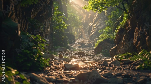 Sunlit forest pathway amidst greenery and rocks. photo