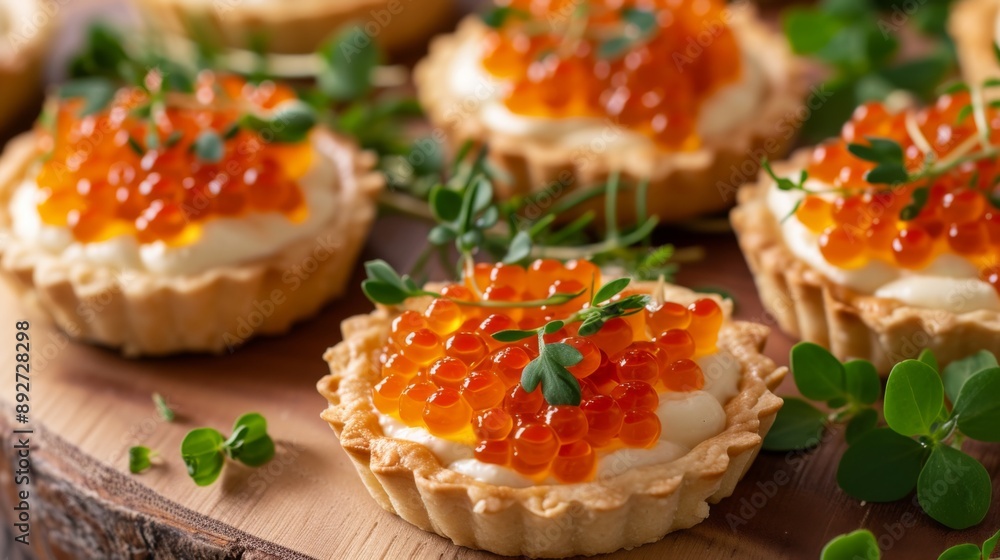 A selection of tartlets topped with red caviar and fresh herbs, ready to serve A selection of tartlets topped with red caviar and fresh herbs, ready to serve