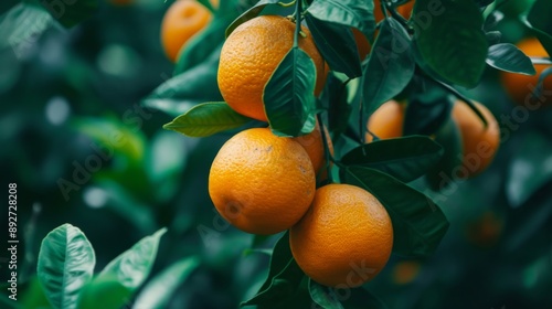 Ripe oranges hanging from a tree branch, ready for harvest