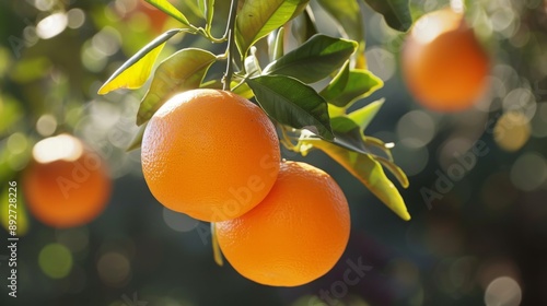 Ripe oranges hanging from a tree branch, ready for harvest