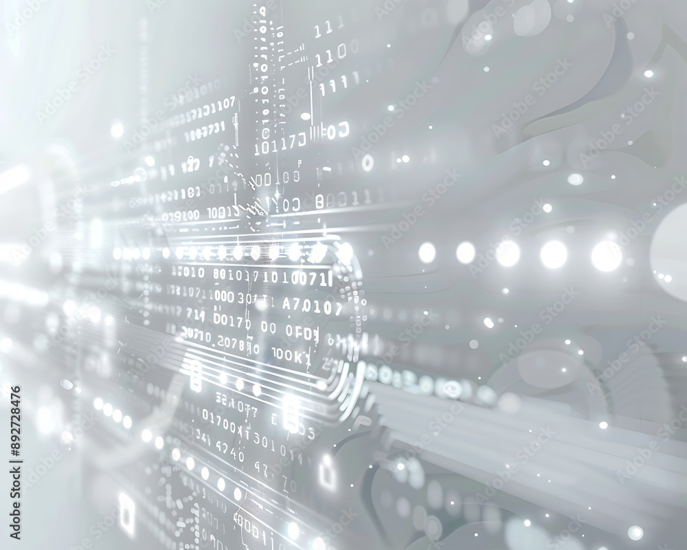 Obraz premium Elegant Minimalist Tech Background in Silver and White with Digital Data Streams, Ideal for High-Tech Communication and Innovation Themes