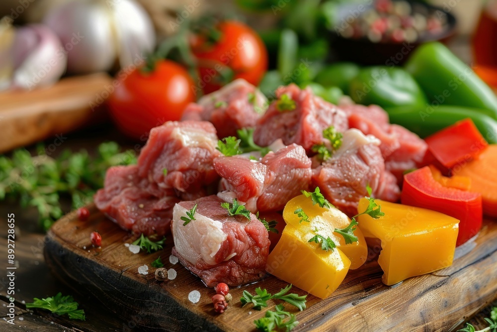 Diced raw meat with herbs and colorful vegetables ready for cooking on rustic wood Diced raw meat with herbs and colorful vegetables ready for cooking on rustic wood