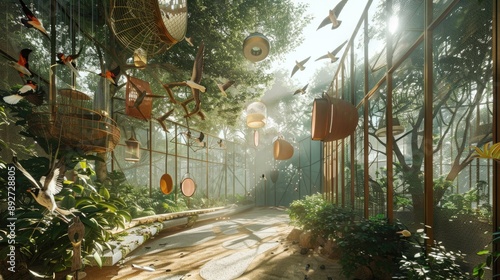 Futuristic bird aviary with smart feeders and interactive play areas.  photo