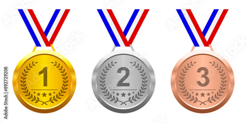 Gold Silver Bronze sports medals with ribbon
