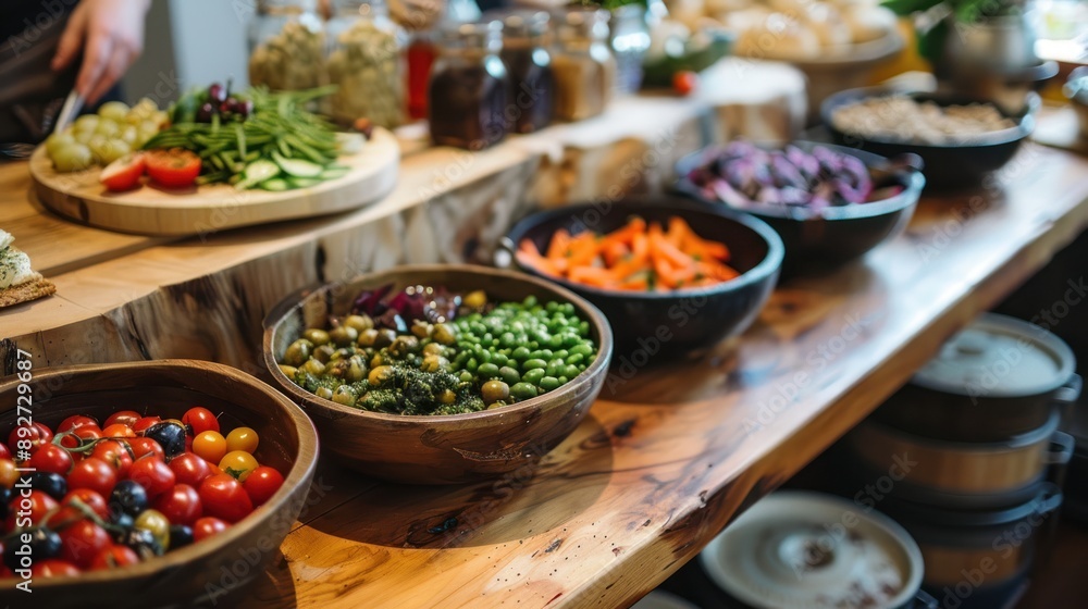 Colorful array of fresh vegetables in wooden bowls Colorful array of fresh vegetables in wooden bowls