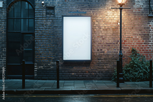 Wallpaper Mural Blank white vertical poster mock up on side of brick building with lamp post and sidewalk, copy space Torontodigital.ca