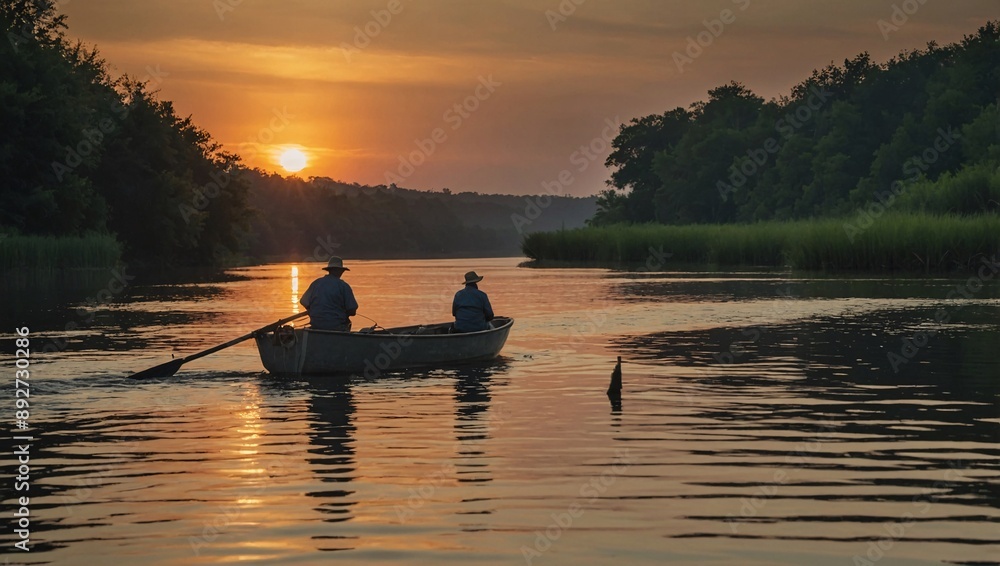 Fisherman casting line from rowboat at sunset Fisherman casting line from rowboat at sunset