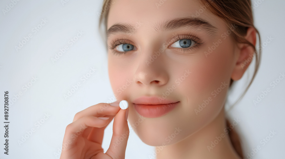 girl holding a pill in her hand, copy space
girl holding a pill in her hand, copy space