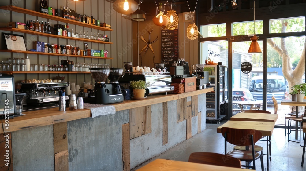 Modern coffee shop with wooden counter and seating area Modern coffee shop with wooden counter and seating area