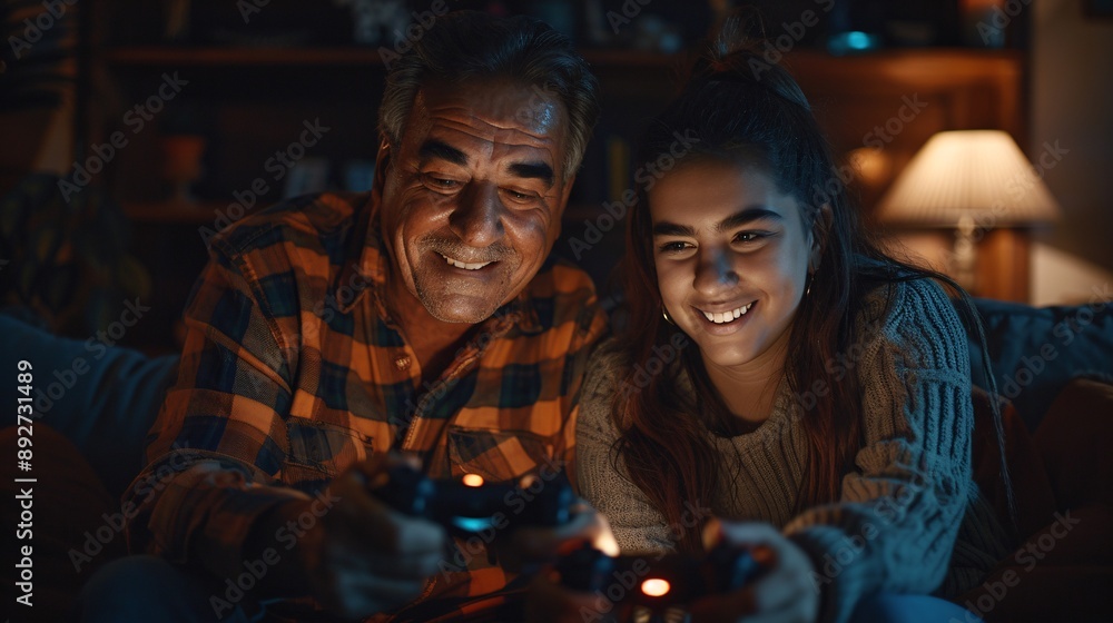Western elderly man and his granddaughter having fun with video games in a dedicated gaming room at night significant empty space around the edges Stock Photo with copy space Western elderly man and his granddaughter having fun with video games in a dedicated gaming room at night significant empty space around the edges Stock Photo with copy space