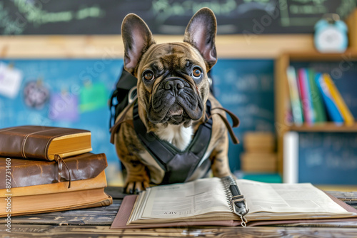 Adorable French Bulldog with a Backpack and Books, Posing in a Classroom Setting Ready for Back to School photo