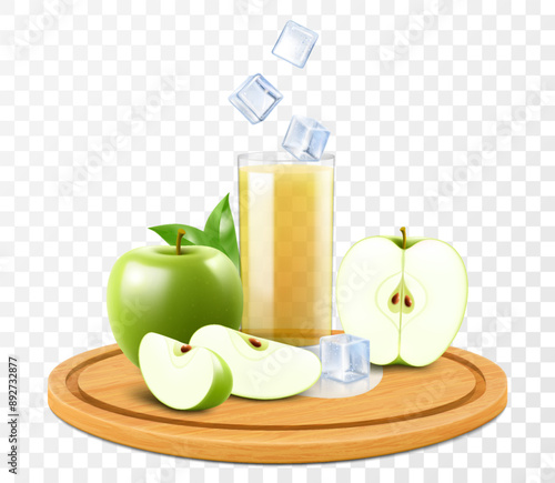 A glass of fresh apple juice or smoothie with ice cubes falling into the glass. Cup of cocktail or yogurt with green apple, isolated on transparent background. Realistic 3d vector