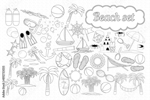Detailed black and white beach set illustration for coloring. Includes various beach elements like umbrellas, flip flops, and palm trees. Perfect for kids and adults.