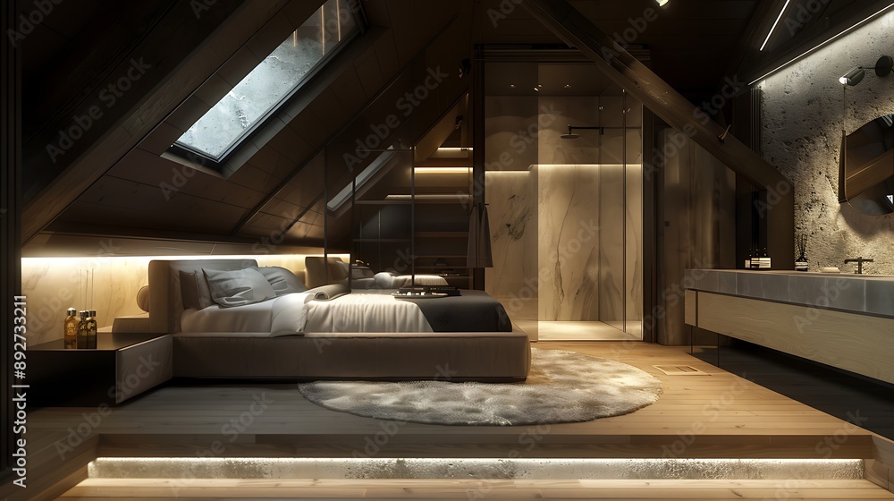 A modern attic loft with a stylish bathroom, sleek design, and luxurious finishes, captured by an HD camera. Stunning, crisp, vivid, detailed, high-contrast, colorful, A modern attic loft with a stylish bathroom, sleek design, and luxurious finishes, captured by an HD camera. Stunning, crisp, vivid, detailed, high-contrast, colorful,