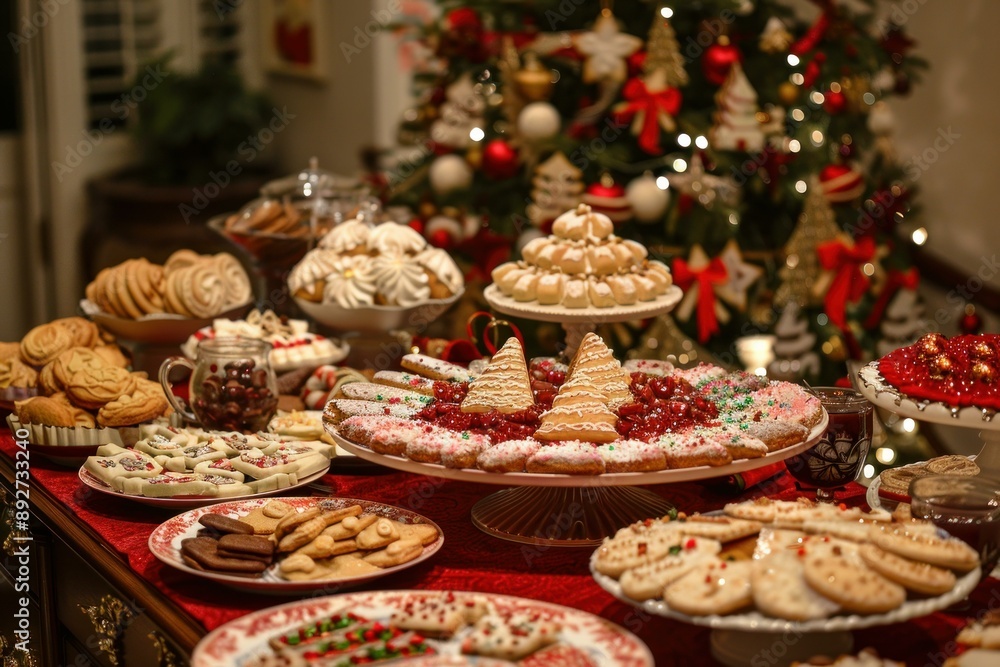 Array of assorted holiday treats and sweets on a table with a decorated christmas tree in the background Array of assorted holiday treats and sweets on a table with a decorated christmas tree in the background