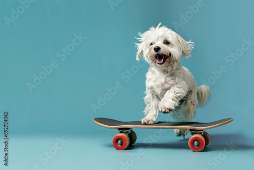 Happy dog ​​riding a skateboard on a blue blank background with copy space. Animals in sports concept. photo