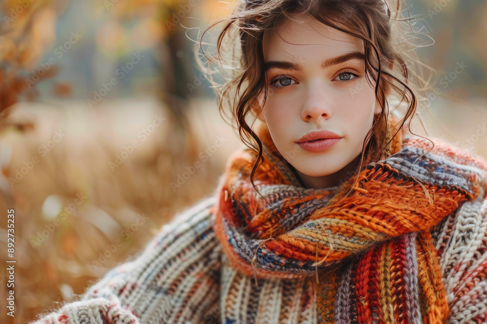 girl in a cute autumn outfit: a woolen sweater and a bright scarf Posing in a bright, sunny setting against the backdrop of colorful autumn foliage girl in a cute autumn outfit: a woolen sweater and a bright scarf Posing in a bright, sunny setting against the backdrop of colorful autumn foliage