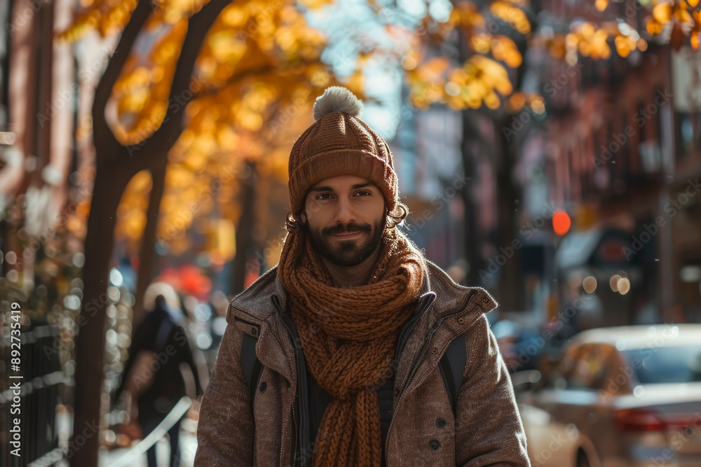 a man in a thick coat and scarf walks along a sunlit city street with fallen leaves and a fresh autumn breeze a man in a thick coat and scarf walks along a sunlit city street with fallen leaves and a fresh autumn breeze