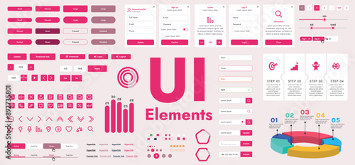 a set of vector buttons and user interface (GUI) elements designed for modern applications and websites. The collection includes buttons for navigation, menus, forms and control panels.