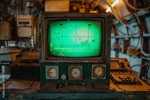 A vintage radar screen with a green glow displays data in an old control room with analog dials and various equipment