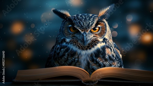 Wallpaper Mural A wise owl perched on an open book at night, symbolizing knowledge and wisdom against a dreamy, bokeh background. Torontodigital.ca
