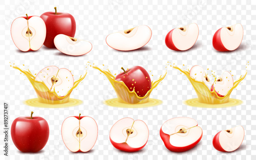 Set of red apple isolated on transparent background. Whole, half and slices of red apple, apple in a splash of juice with drops. Summer harvest. Natural product. Realistic 3d vector illustration