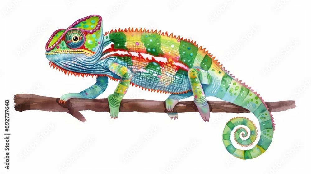 Obraz premium A chameleon is shown in a cute, kawaii watercolor painting, isolated on a white background, with changing colors and a playful smile