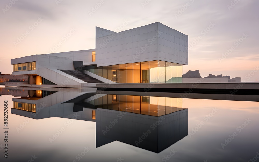 Fototapeta premium Modern house with a reflective pool and minimalist design
