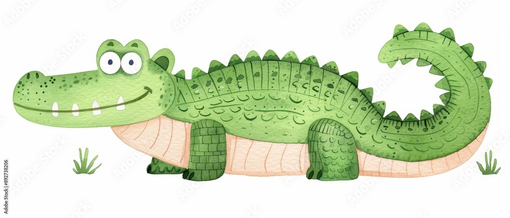 Obraz premium A crocodile is depicted in a cute, kawaii watercolor style, isolated on a white background, with a friendly grin and playful demeanor