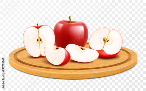 Ripe tasty juicy apples on a wooden tray. Whole apple and pieces of red apples on cutting board. Isolated 3d vector, realistic illustration