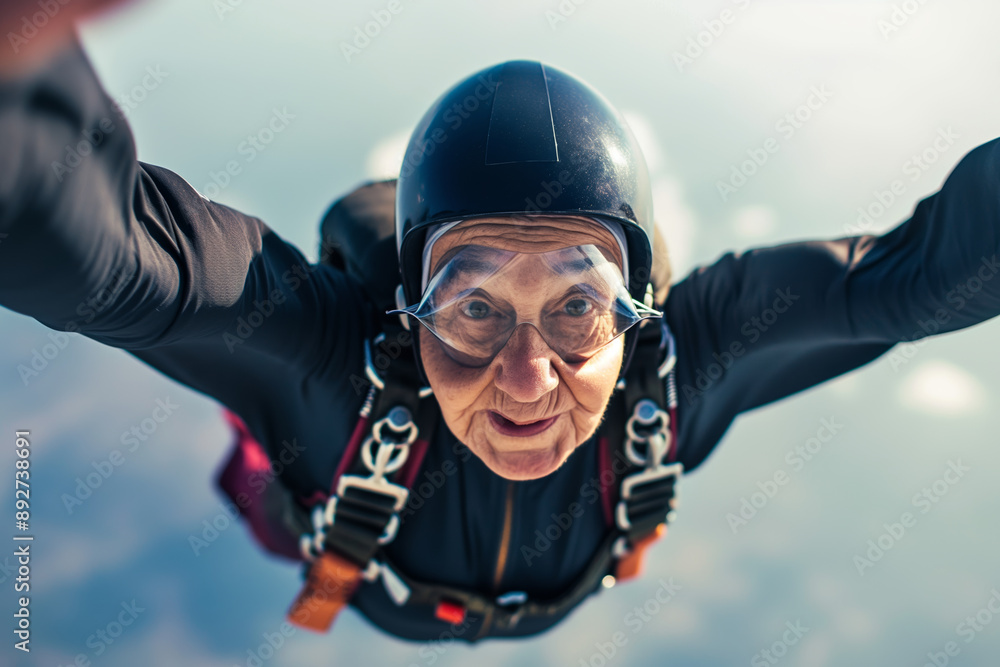 Elderly Woman Skydiving with Excited Expression Captured in Mid Air Adventure Elderly Woman Skydiving with Excited Expression Captured in Mid Air Adventure