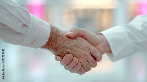 Professional man shaking hands, soft-focus vibrant coworking space, side view angle, sealing a startup investment. © StudioX180