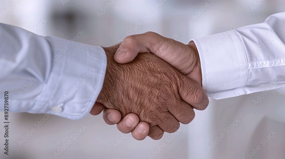 Professional man shaking hands, corporate office backdrop, close-up shot, sealing a business deal.