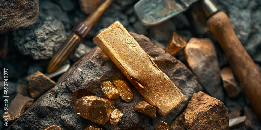 Gold Nuggets and Bar on Rocks with Mining Tools Gold Nuggets and Bar on Rocks with Mining Tools