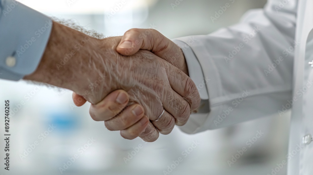 Professional man shaking hands, soft-focus biotechnology lab, close-up shot, securing a research grant. Professional man shaking hands, soft-focus biotechnology lab, close-up shot, securing a research grant.