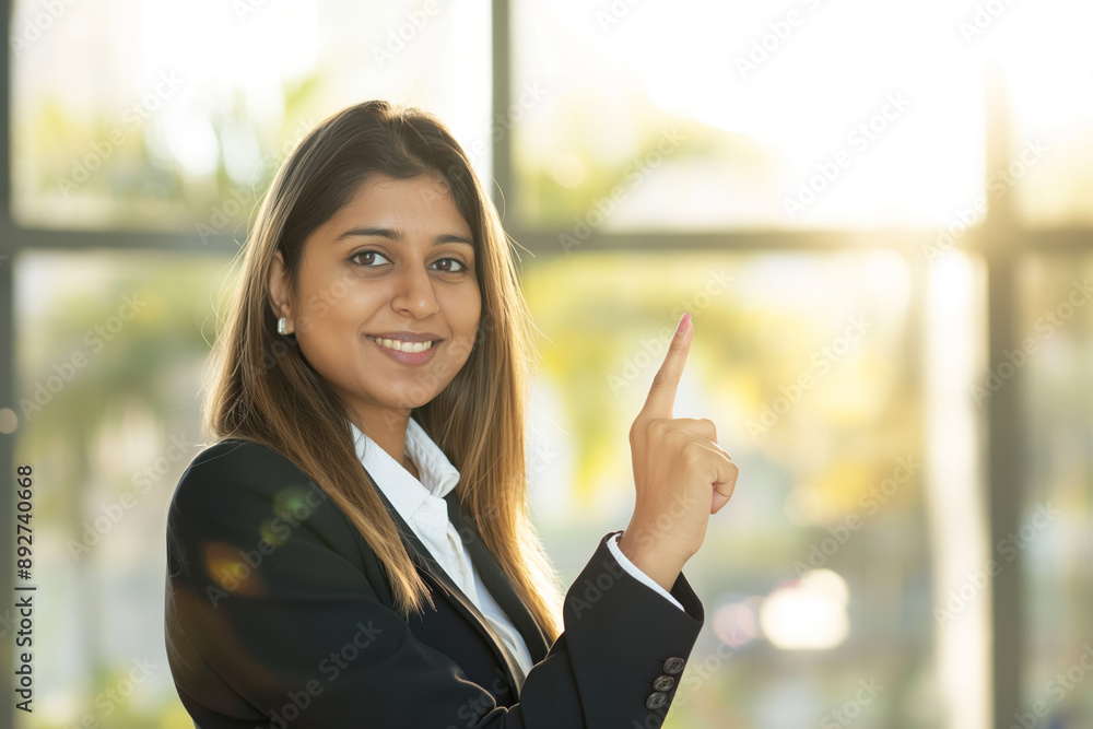 Confident Businesswoman Pointing Upward in Sunlit Modern Office Environment Confident Businesswoman Pointing Upward in Sunlit Modern Office Environment