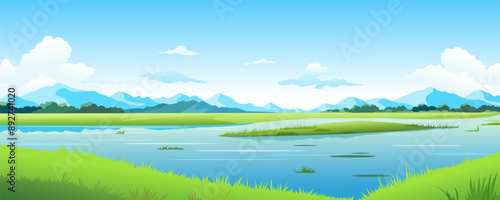Beautiful landscape of a summer lake. Green lake shore with clear water and reflections against the backdrop of beautiful mountains. Vector illustration of a fishing lake. Panoramic landscape.
