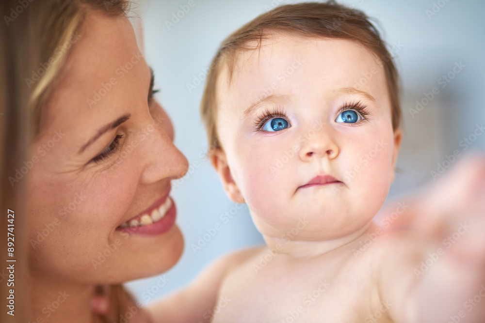 Happy, baby and mother in home for love, care and support for growth and protection for kid. Development, safety and family or woman in living room with child or smile, trust and together in morning Happy, baby and mother in home for love, care and support for growth and protection for kid. Development, safety and family or woman in living room with child or smile, trust and together in morning