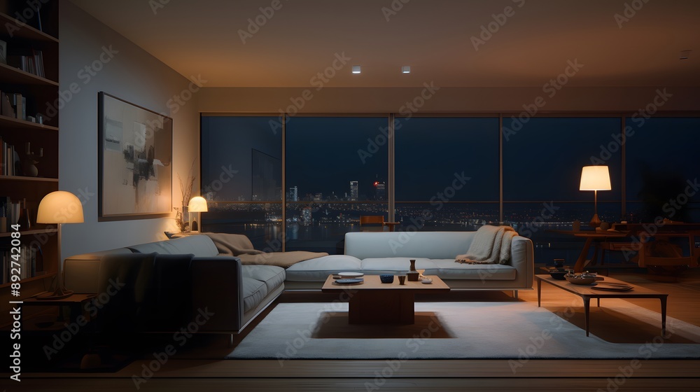 Cozy living room with a nighttime city view Cozy living room with a nighttime city view