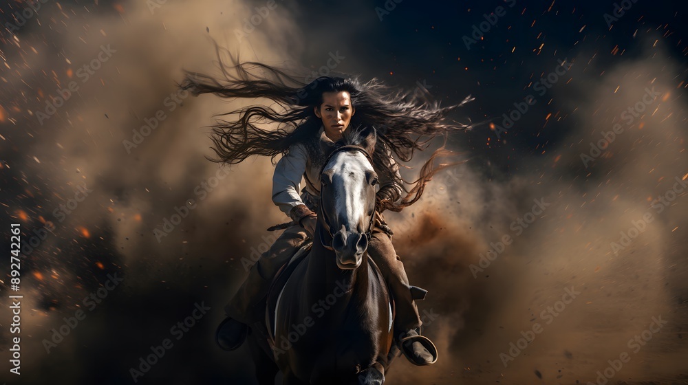 Naklejka premium Woman riding a horse through dust