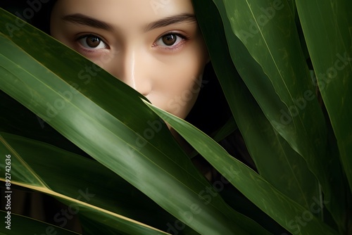 Woman peeking through large green leaves