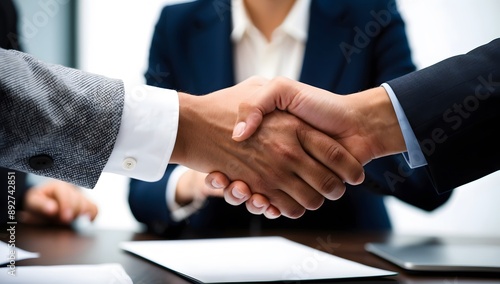 Close up photo of man and woman shaking hands in office. The man and woman wore suits. With a backdrop of modern office buildings