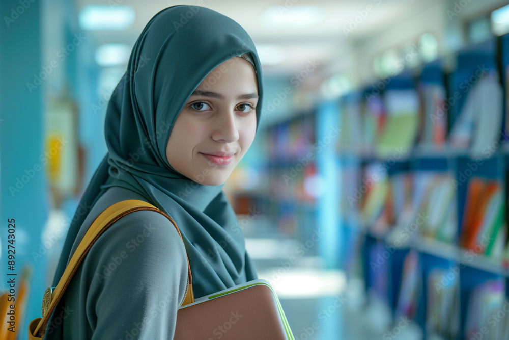 Arabic Student Young Arab Student in a Bright Classroom Setting, Wearing a Hijab and ...