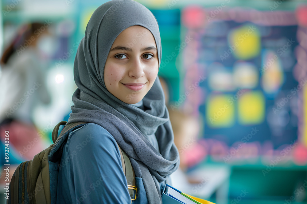 Young Arab Student in a Bright Classroom Setting, Wearing a Hijab and Carrying School Supplies, Ready to Learn and Engage in Class Young Arab Student in a Bright Classroom Setting, Wearing a Hijab and Carrying School Supplies, Ready to Learn and Engage in Class