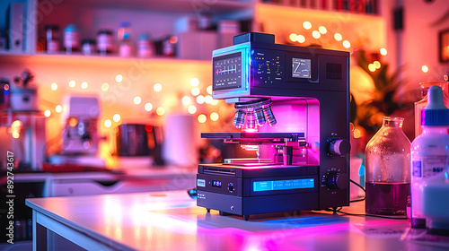 Modern laboratory interior with monitoring screens and scientist's equipment