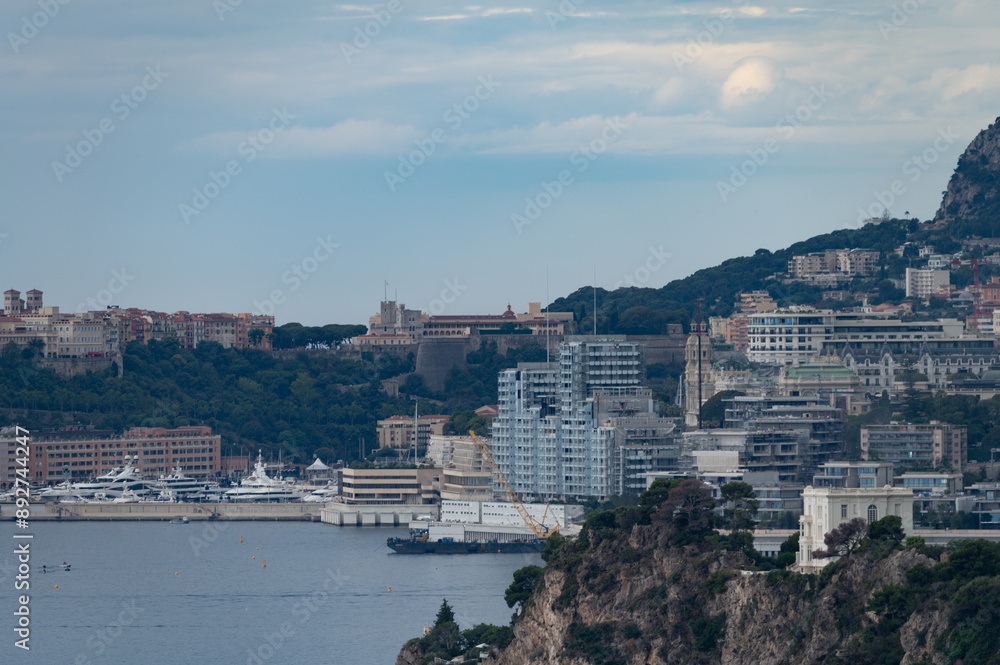 Obraz premium Morning view on houses and harbour of Monte-Carlo town in Monaco principality